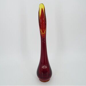 Vintage Viking Glass Swung Vase Ruby Red with Yellow Amberina Original Sticker